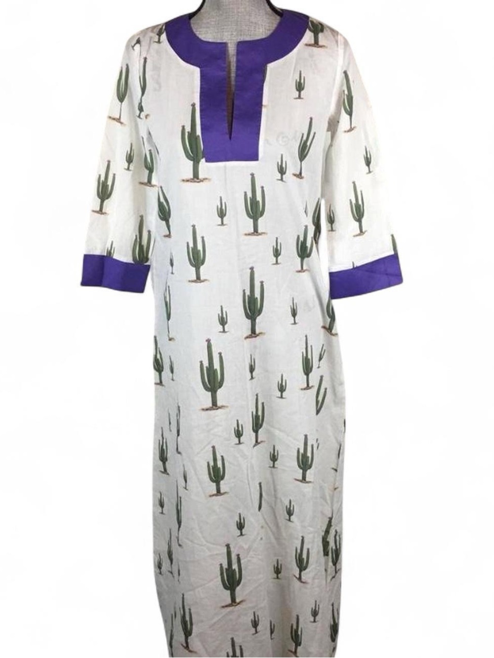 Ketenci Organic Size Small S Saguaro Cactus Print Dress Long Caftan 3/4 Sleeve C